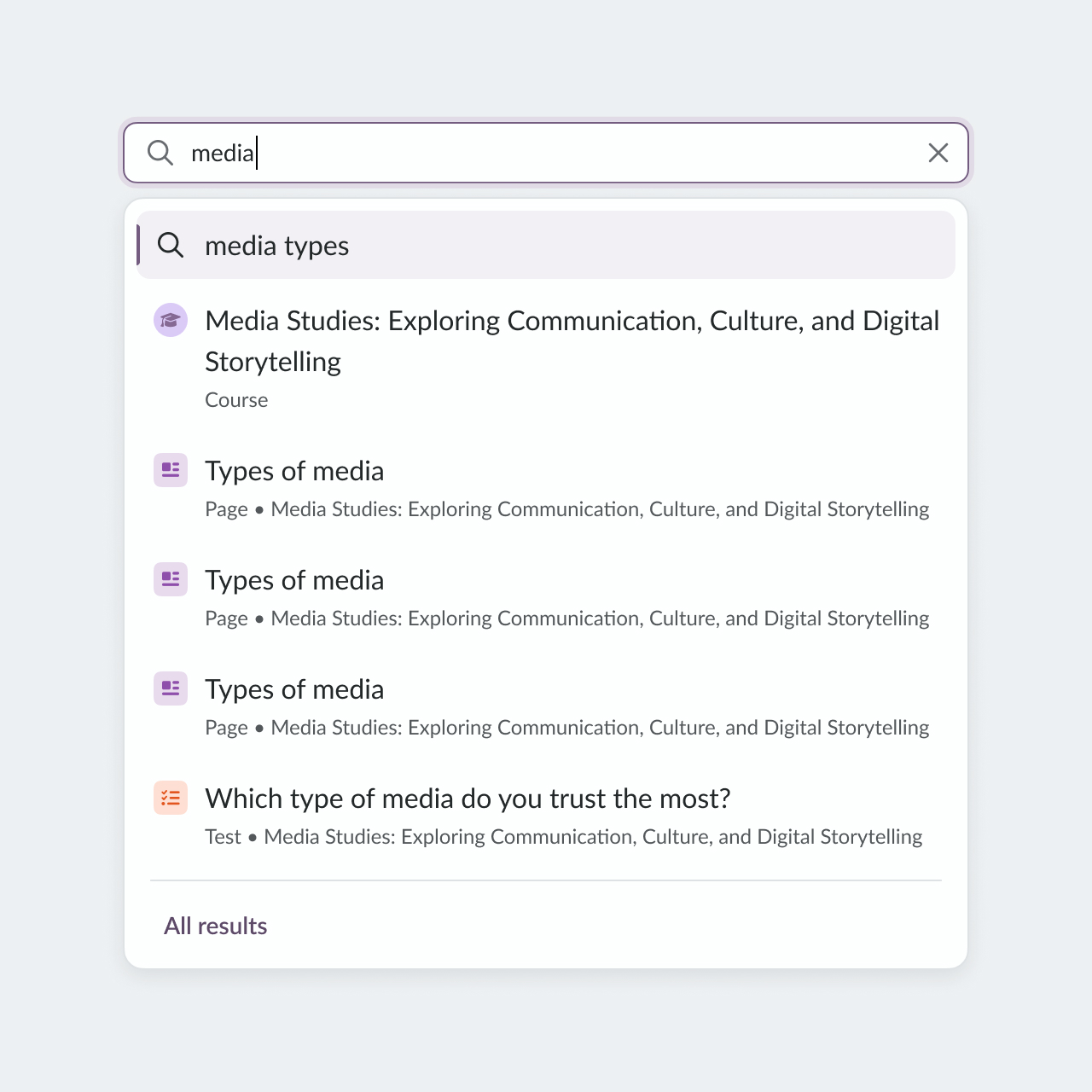 Global search, the input field is selected and a list of suggestions is shown